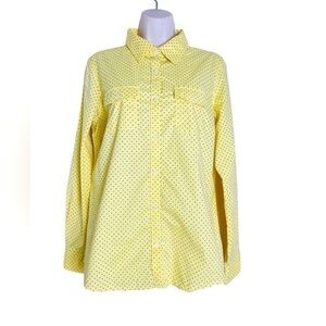 L.L Bean Women’s Button Down Shirt Size L Yellow Polka Dots Roll Sleeves Pockets